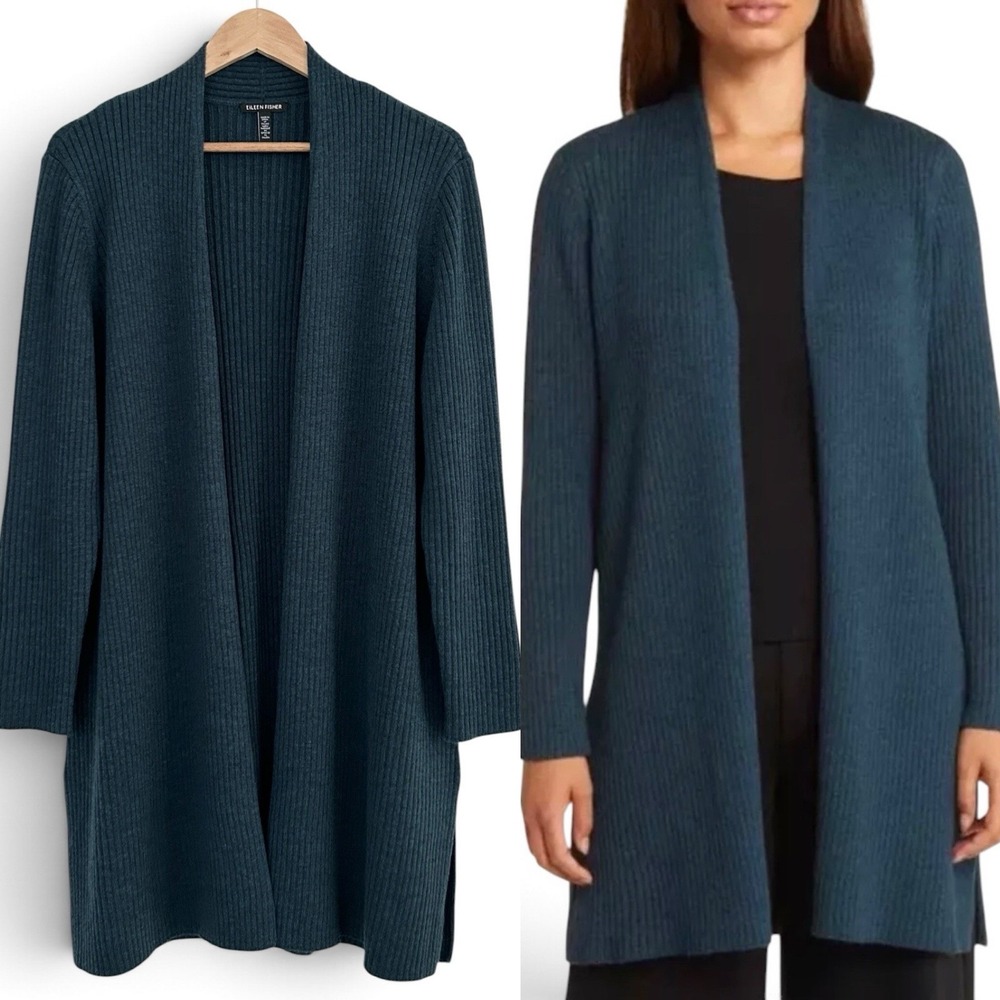Eileen Fisher Women's XL Teal Green 100% Merino Wool Open Long Sleeve Cardigan